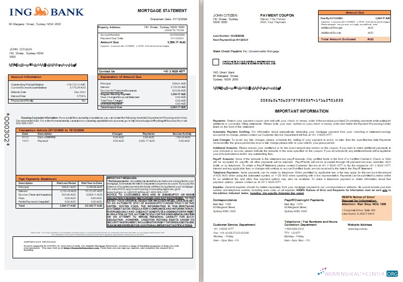 Download Australia ING Direct bank mortgage statement, 3 pages, 1 2 scr Photoshop template